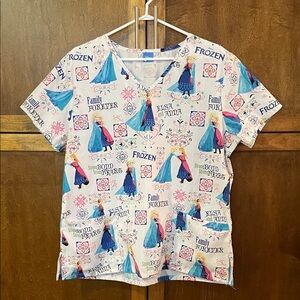 Disney Blue and White Frozen Disney Scrub Top